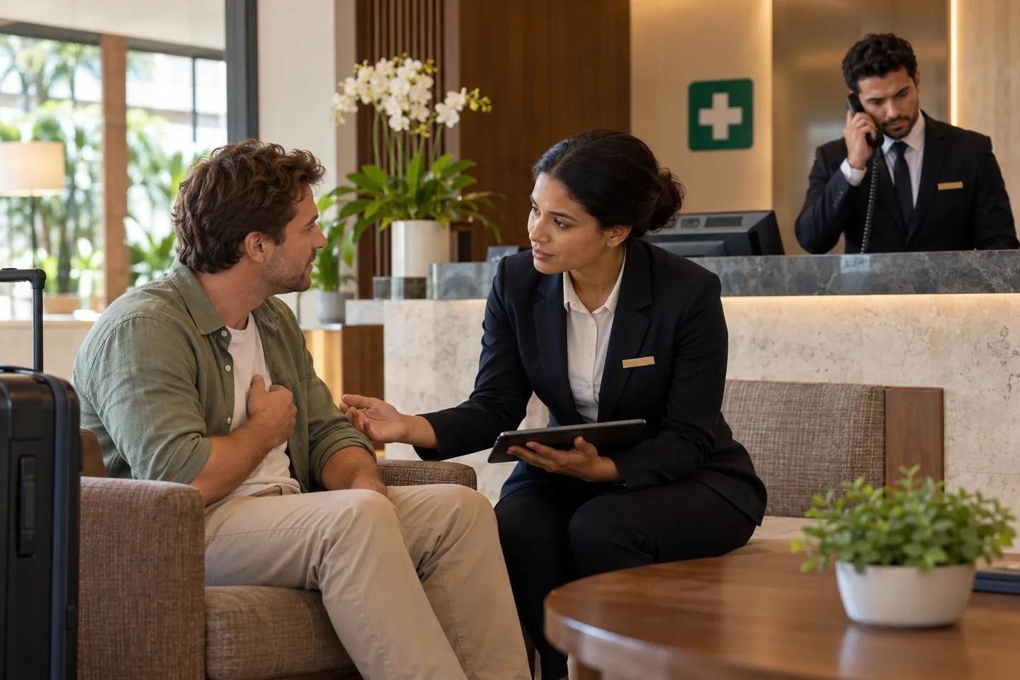 Recepcionista de hotel acionando atendimento médico para um hóspede estrangeiro