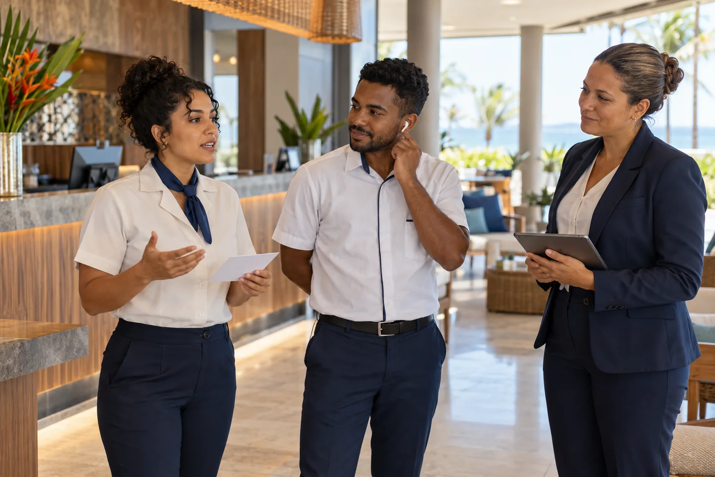 Equipe de hotelaria praticando um roteiro bilíngue de atendimento durante treinamento