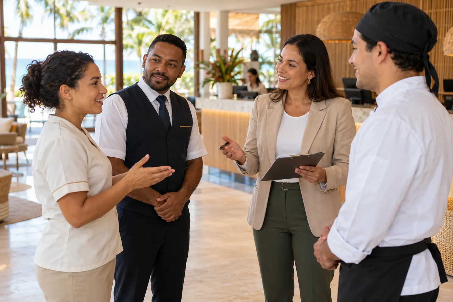 Equipe de hotelaria praticando inglês por departamento em um lobby de hotel