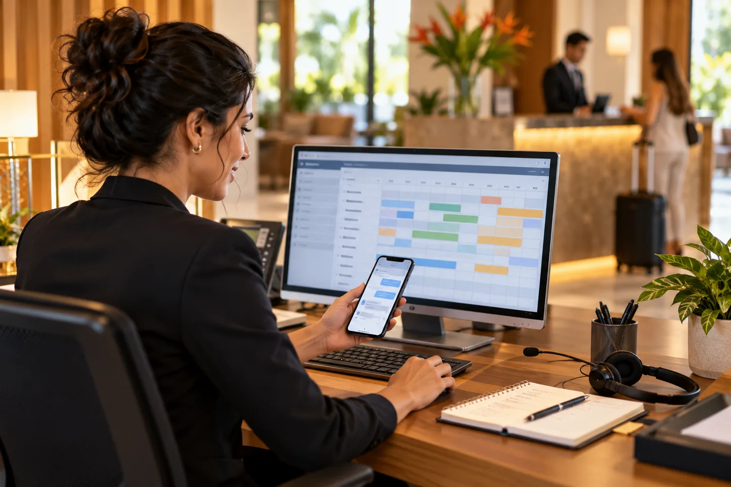 Atendente de hotel respondendo uma reserva em inglês pelo computador e celular